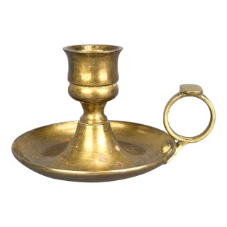 Antique English Brass Candlestick Holder Dripping Tray and Finger Loop Handle For Sale