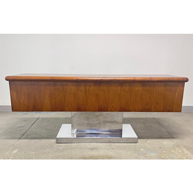 Brown C. 1970s Warren Platner Style Walnut and Polished Aluminum Space Age Credenza For Sale - Image 8 of 8