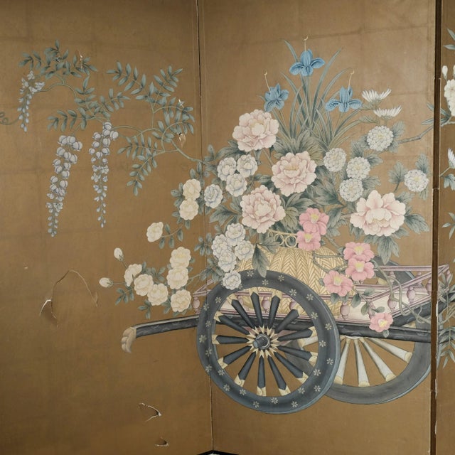 Japanese Cart and Flowers Large 4-Panel Byobu Signed & Painted Divider Early to Mid 20th Century For Sale - Image 4 of 13