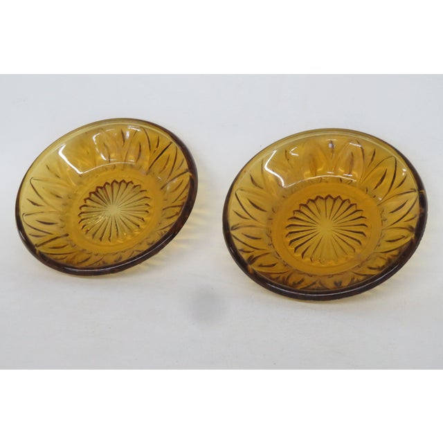 Mid-Century Modern Mid 20th Century Pressed Glass Small Bowls Pair of 2 Amber Color Fruit Snack Butter Dishes - Set of 2 For Sale - Image 3 of 11