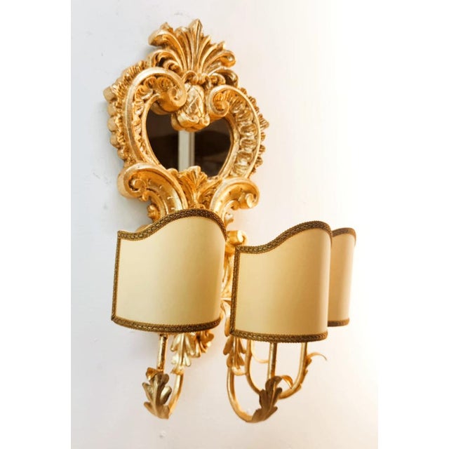 Wood Applique with Mirror and Gold Leaf with Parchment Lampshades For Sale - Image 10 of 18