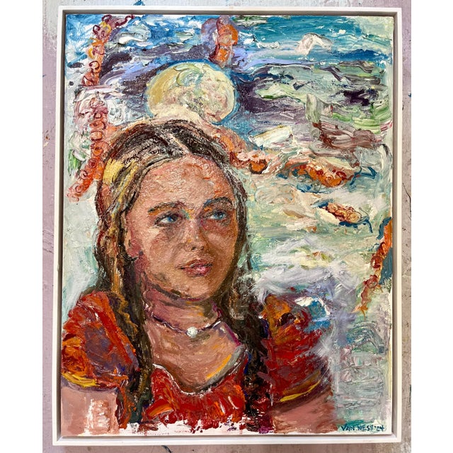 23"x29"x2", white floating framed. girl in anticipation. A painting of a girl in anticipation of what is to come next. She...