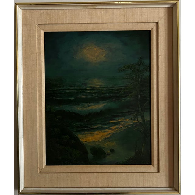 Impressionist Vintage Mid Century Impressionist Nocturnal Moonlight Seascape Oil Painting in Linen & Wood Frame For Sale - Image 3 of 8