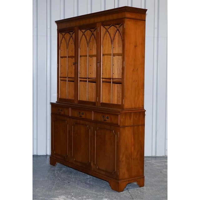 Vintage English Burr Yew Wood 3 Door Glazed Display Bookcase Cabinet For Sale - Image 14 of 18