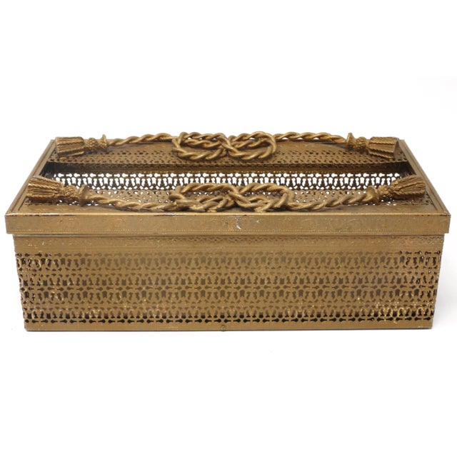 Hollywood Regency Vintage Guildcrest Gold Plated Rope and Tassel Tissue Box For Sale - Image 3 of 11
