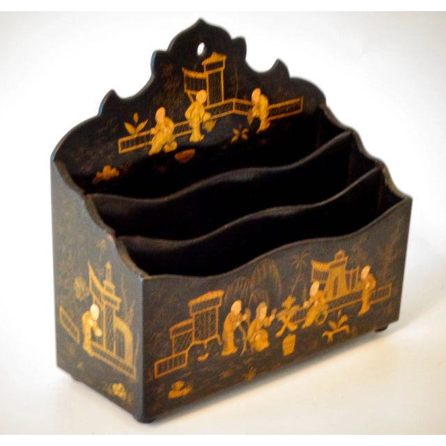 Lovely antique English chinoiserie paper mache desk organizer box for letters, correspondence and mail. It is hand painted...