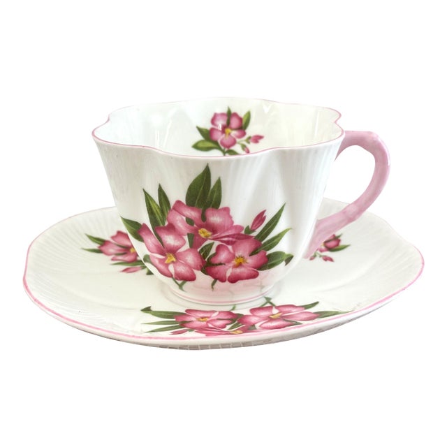1950s Shelley Pink Oleander Tea Cup & Saucer: Dainty English Bone China Teacup For Sale