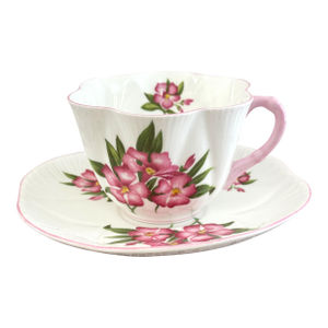 1950s Shelley Pink Oleander Tea Cup & Saucer: Dainty English Bone China Teacup