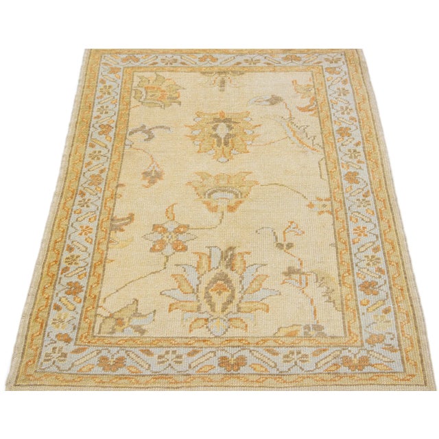 Modern 2010s Beige Scatter Turkish Oushak Wool Rug Handmade With Floral Motif For Sale - Image 3 of 7