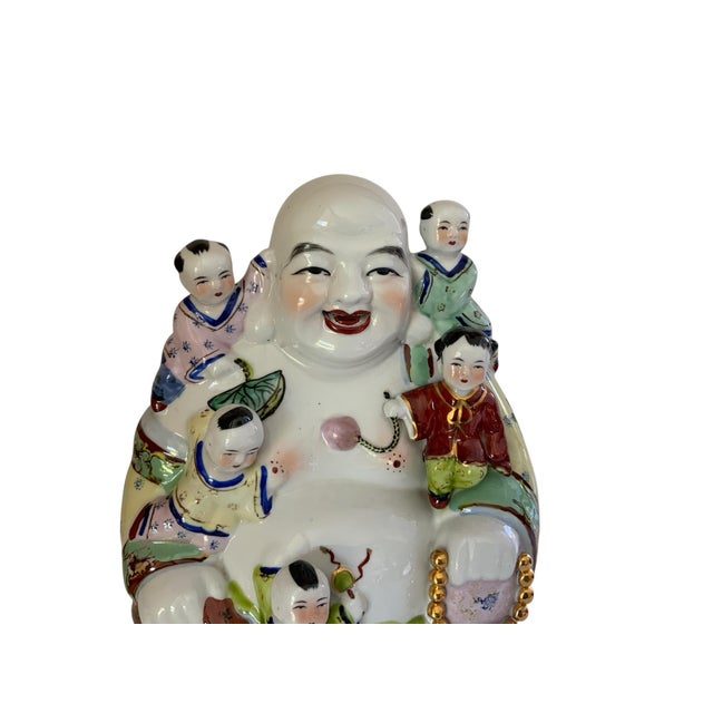 1960s Large Vintage Chinese Famille Rose Porcelain 11.25" Laughing Buddha 5 Children Statue China 1960s-1980s For Sale - Image 5 of 8