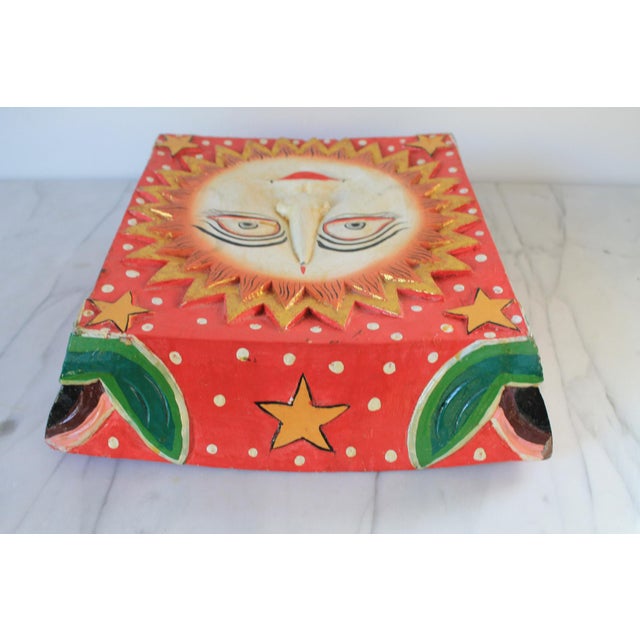 Vintage Handcrafted Painted Wooden Sun Face Wall Hanging For Sale In Milwaukee - Image 6 of 10