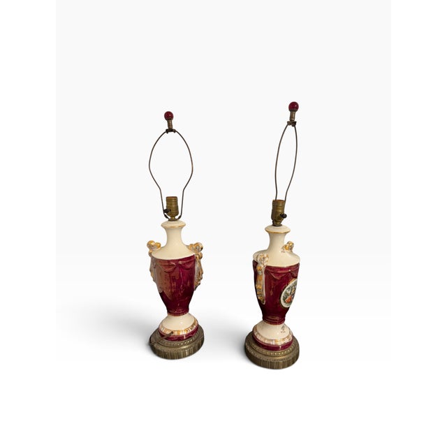 Vintage Ruby Porcelain Courting Scene Table Lamps With Gilt Accents — Pair For Sale - Image 4 of 12