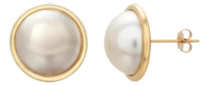 14k Yellow Gold 15.7mm White Mabe Pearl Stud Earrings, Vintage Style, A Pair