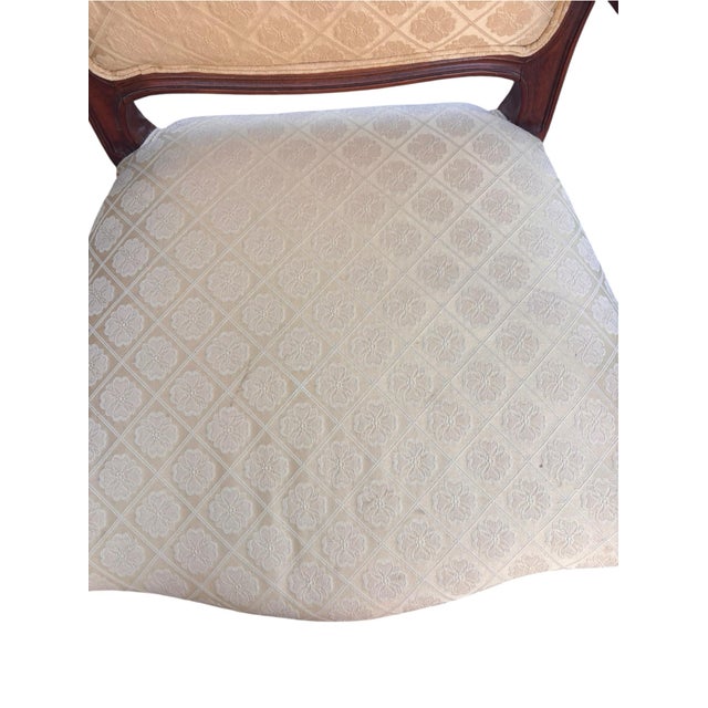 Ethan Allen French Louis XV Style Carved Cherry Armchair in Cream Damask For Sale - Image 10 of 11