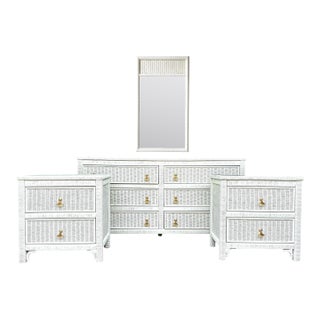 1980s Lexington Henry Link Wicker Coastal Bedroom Set | Dresser, Mirror & Nightstands For Sale