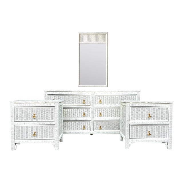 1980s Lexington Henry Link Wicker Coastal Bedroom Set | Dresser, Mirror & Nightstands For Sale