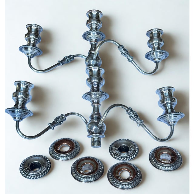 MOS2026Antique Silver Plated Three Arm English Candleabras - A Pair For Sale - Image 10 of 18