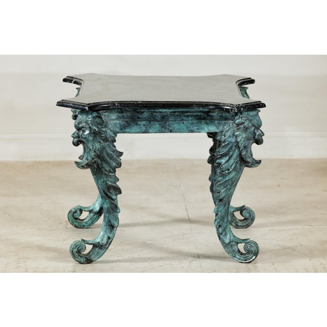 Late 20th Century Verdigris Bronze Side Table with Mythological Figures & Black Marble Top For Sale In New York - Image 6 of 18