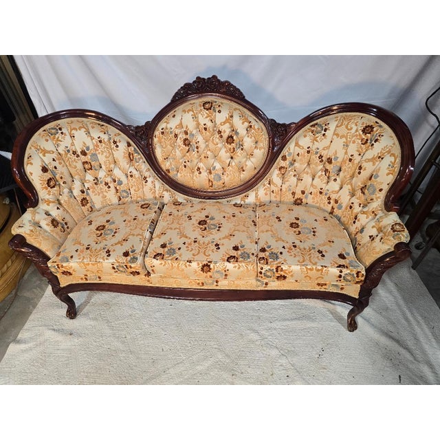 American Vintage Kimball Victorian Style Carved Wood Triple Back Settee Sofa For Sale - Image 3 of 9