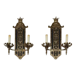 French Style Antique Brass Electrified Wall Sconces - a Pair
