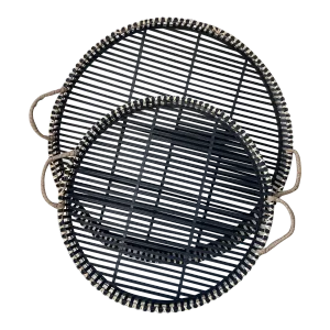 Large Pair of Black & Natural Round Rattan Trays