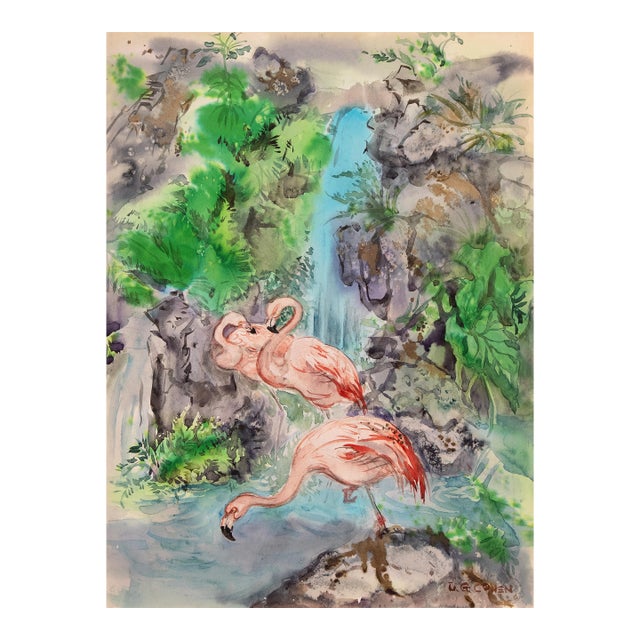 'Pink Flamingos by a Waterfall' by Lois Elaine Green Cohen, Mid-Century California Woman Artist, Chouinard For Sale