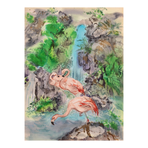 'Pink Flamingos by a Waterfall' by Lois Elaine Green Cohen, Mid-Century California Woman Artist, Chouinard