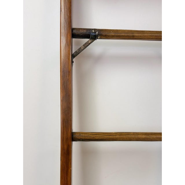 Antique Wood Metal Library Ladder 7 Rung Rolling Bookcase Ladder 82" For Sale In Tampa - Image 6 of 9