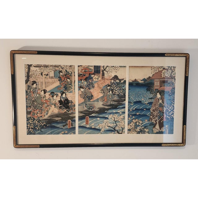 Blue 19th Century Custom Framed Utagawa Kunisada Wood Block Print For Sale - Image 8 of 11