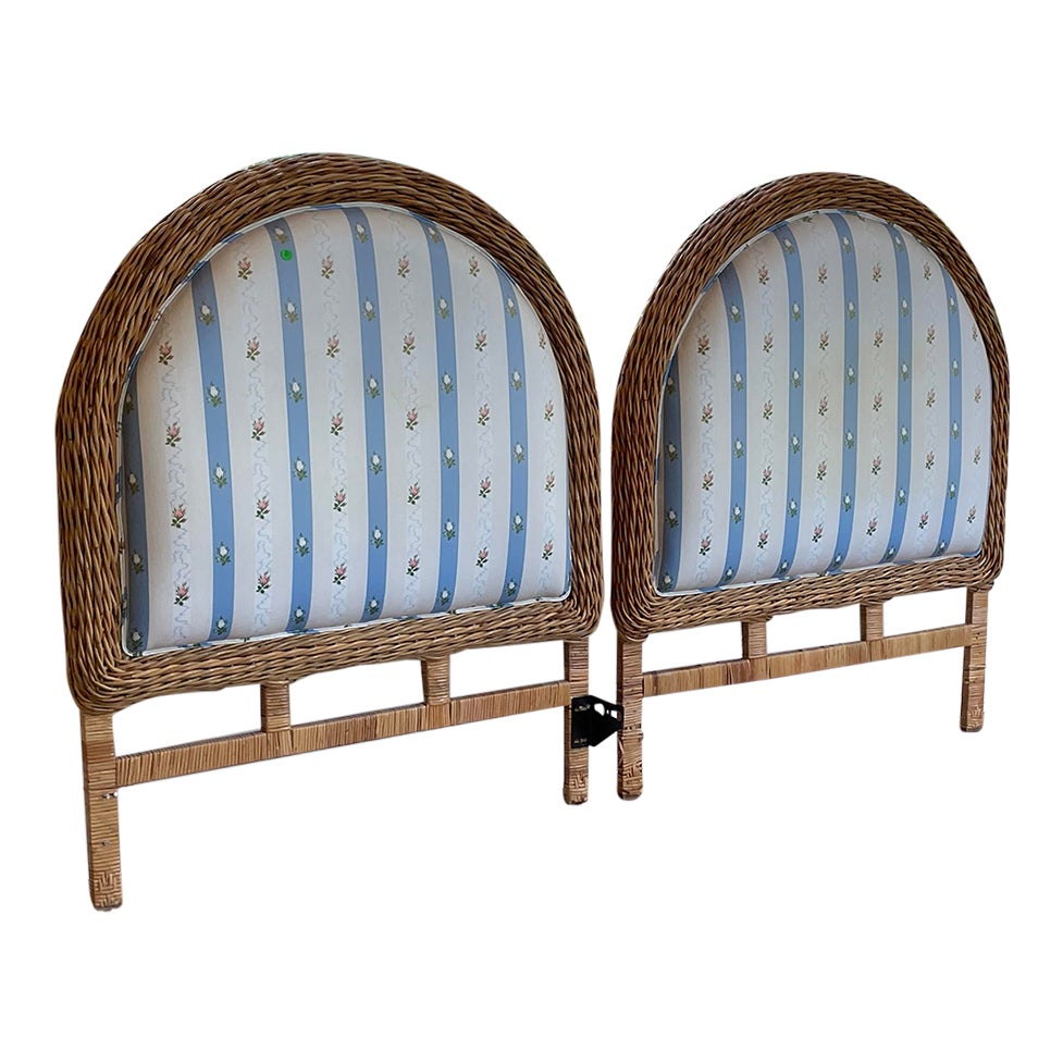 1980s Designer Woven Wicker Rattan Upholstered Twin Bed HeadboardA