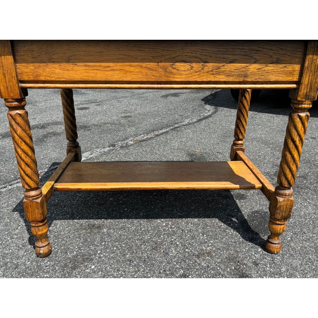 19th C. Tiger Oak One-Drawer Library Table - Twist Legs + Highly Detailed For Sale - Image 11 of 17