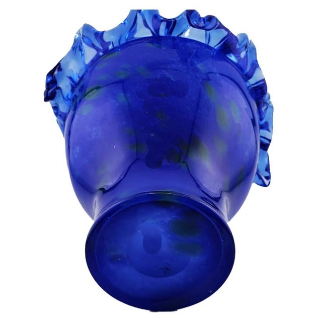 Mid-Century Modern Vintage Cobalt Blue Art Glass Handkerchief Vase Ruffled Edge Hand Blown 10" For Sale - Image 3 of 6