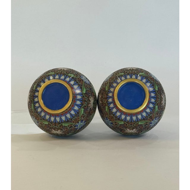 Art Deco Cloisonne Vase Pair Featuring Lotus Flowers For Sale - Image 3 of 3