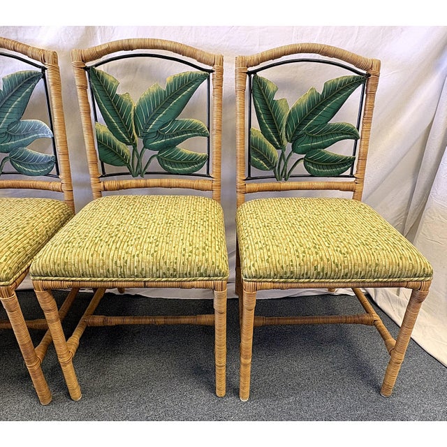 Vintage McGuire Style Rattan Wrapped Dining Chairs With Banana Leaf Back Detail- Set of 6 For Sale - Image 10 of 18