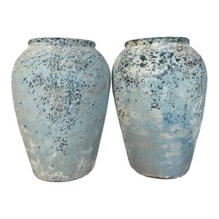 Pair of Large Antique Terracotta Storage Jars With Blue Weathered Patina For Sale