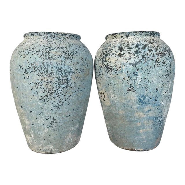 Pair of Large Antique Terracotta Storage Jars With Blue Weathered Patina For Sale