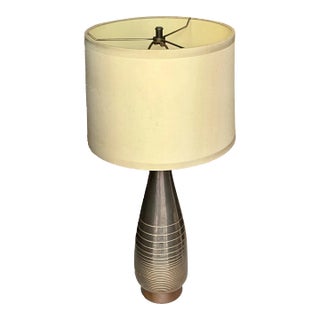 Modern Bronze West Elm Table Lamp With Restoration Hardware Linen Shade For Sale