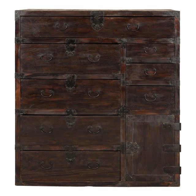 Early Meiji Keyaki Sendai Isho-Dansu Chest with Iron Hardware and Storage For Sale