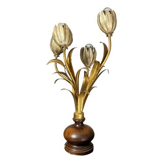 Mid-Century Hollywood Regency Italian Gilt Tole Four-Light Tulip Table Lamp on Turned Wood Base, 1960s For Sale