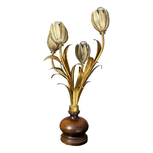 Mid-Century Hollywood Regency Italian Gilt Tole Four-Light Tulip Table Lamp on Turned Wood Base, 1960s For Sale
