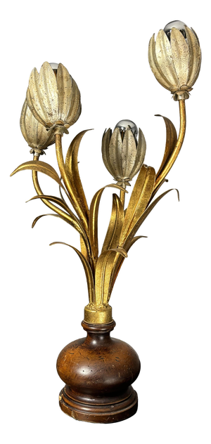 Mid-Century Hollywood Regency Italian Gilt Tole Four-Light Tulip Table Lamp on Turned Wood Base, 1960s
