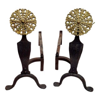 Pair Late 19th C. McKinney Hammered Iron and Brass Medallion Andirons For Sale