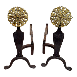 Pair Late 19th C. McKinney Hammered Iron and Brass Medallion Andirons