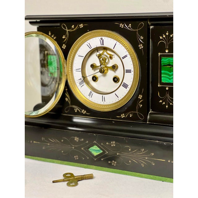Metal Antique French Belgian Black Slate Mantle Clock With Open Escapement and Malachite Inlay For Sale - Image 7 of 15
