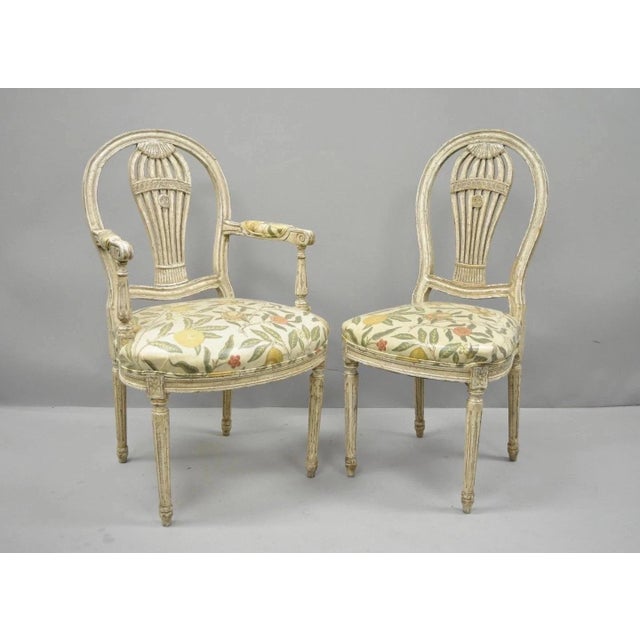 Vintage French Louis XVI Style Montgolfier Hot Air Balloon Dining Chairs - Set of 6. Listing includes 4 side chairs, 2 arm...