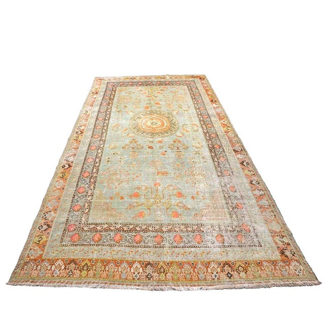 Antique Turkish Khotan Wool 6X12 Green, Orange & Blue Handmade Gallery Rug #9902946 For Sale In Houston - Image 6 of 18