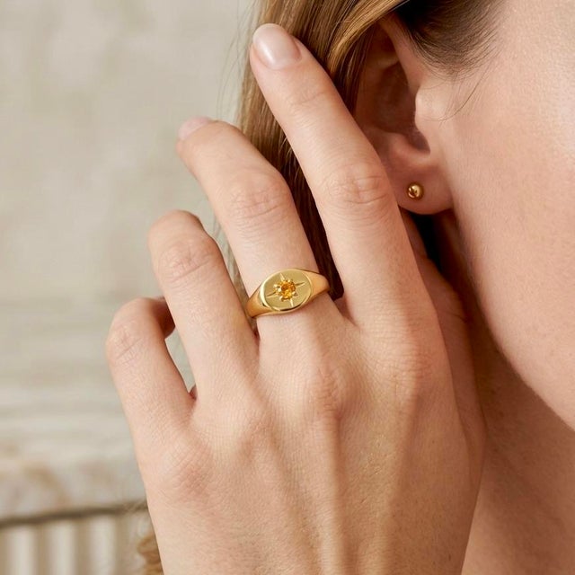 Not Yet Made - Made To Order Citrine Signet Northern Star Ring, Gold Starburst Design Ring for Women, Size 7 For Sale - Image 5 of 5