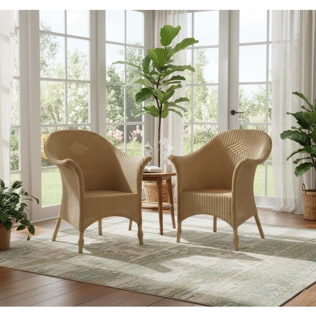 Pair of Sculptural Art Deco Style Blonde Wicker Club Chairs With Diamond Lattice Detail For Sale In West Palm - Image 6 of 7