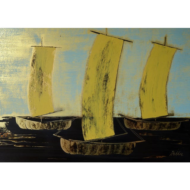 Wood Mid Century Cityscape and Seascape Painting on Metal, Signed and Framed For Sale - Image 7 of 13