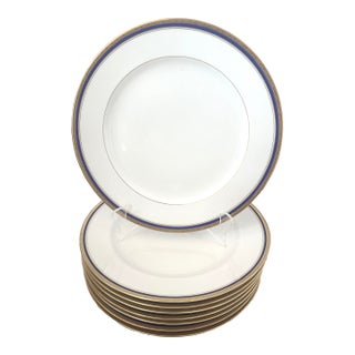 Set of 8 Gold & Blue Rim Dinner Plates by C. Ahrenfeldt For Sale